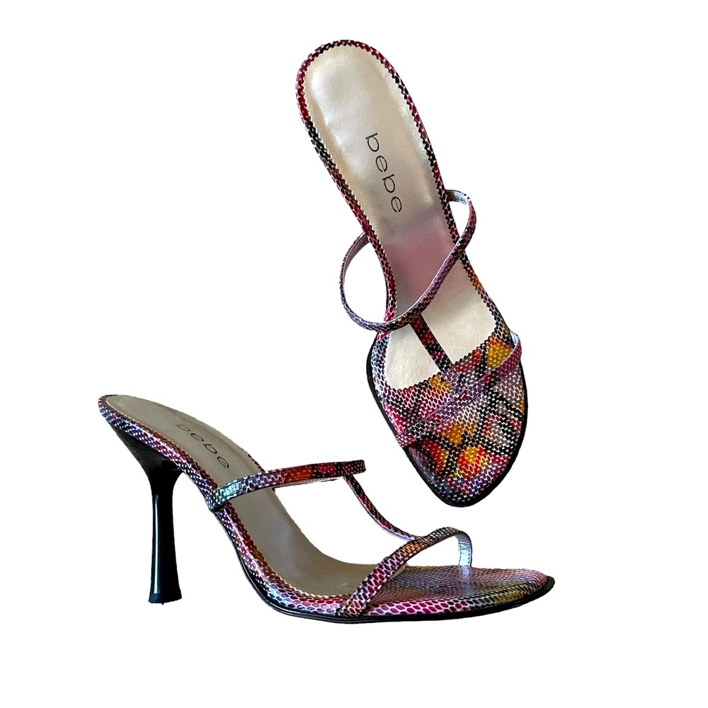 Bebe Leather Snake Print T Strap Slip On High Heel Sandal Y2K Purple Pink Sz 8.5